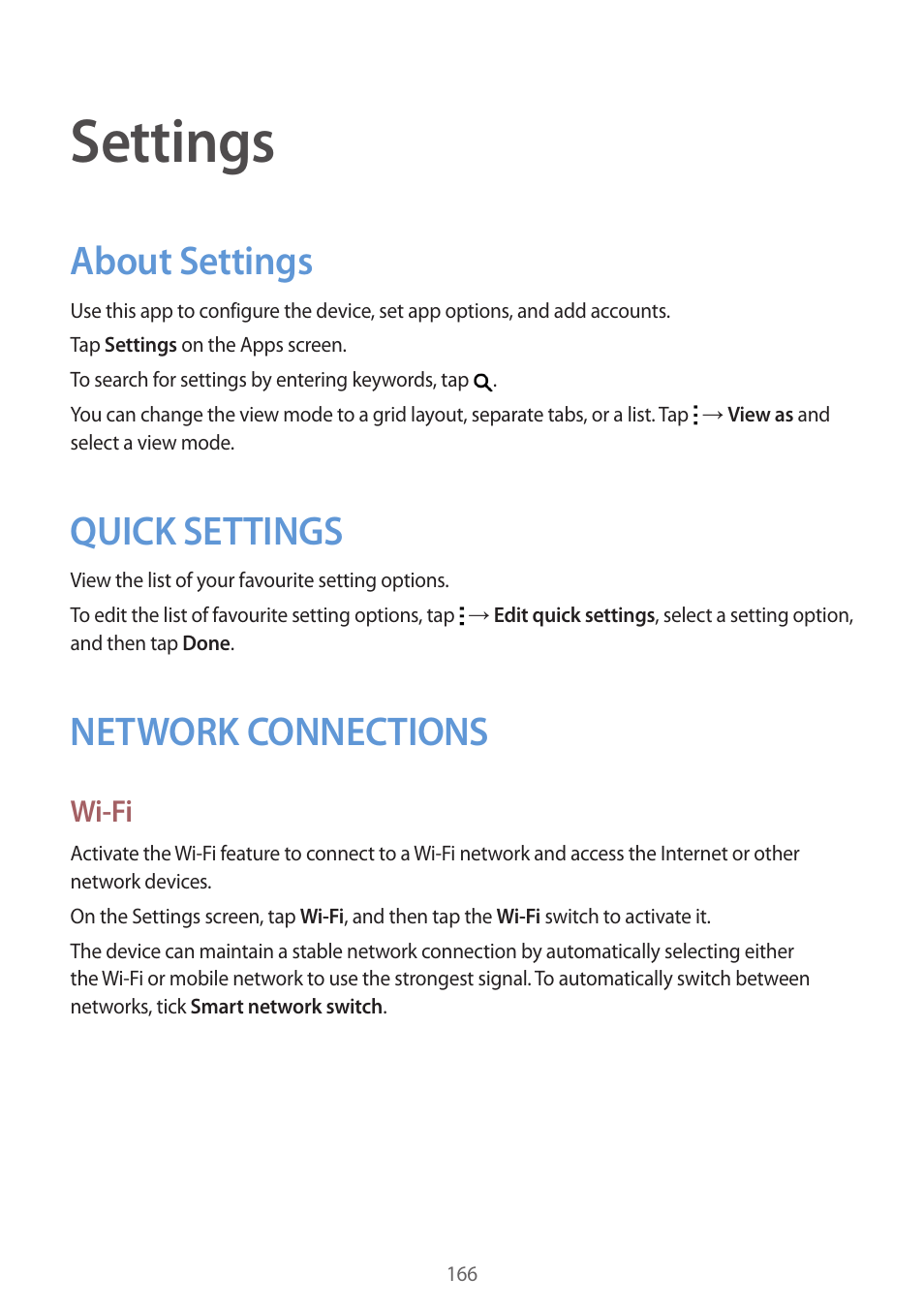 Settings, About settings, Quick settings | Network connections, Wi-fi | Samsung Galaxy Alpha User Manual | Page 166 / 235