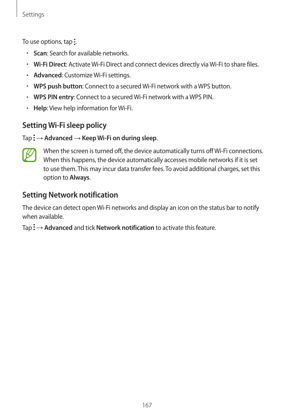 Setting wi-fi sleep policy, Setting network notification | Samsung Galaxy Alpha User Manual | Page 167 / 235