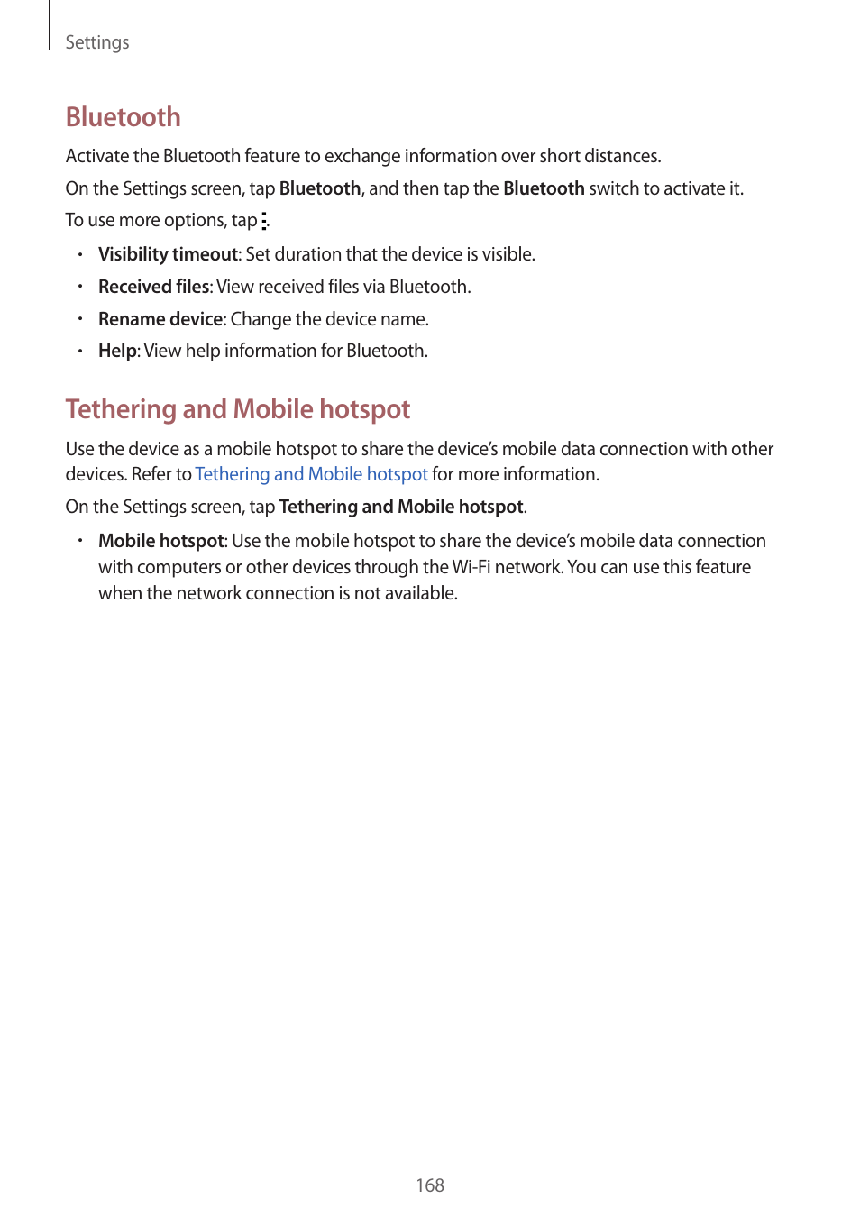Bluetooth, Tethering and mobile hotspot | Samsung Galaxy Alpha User Manual | Page 168 / 235