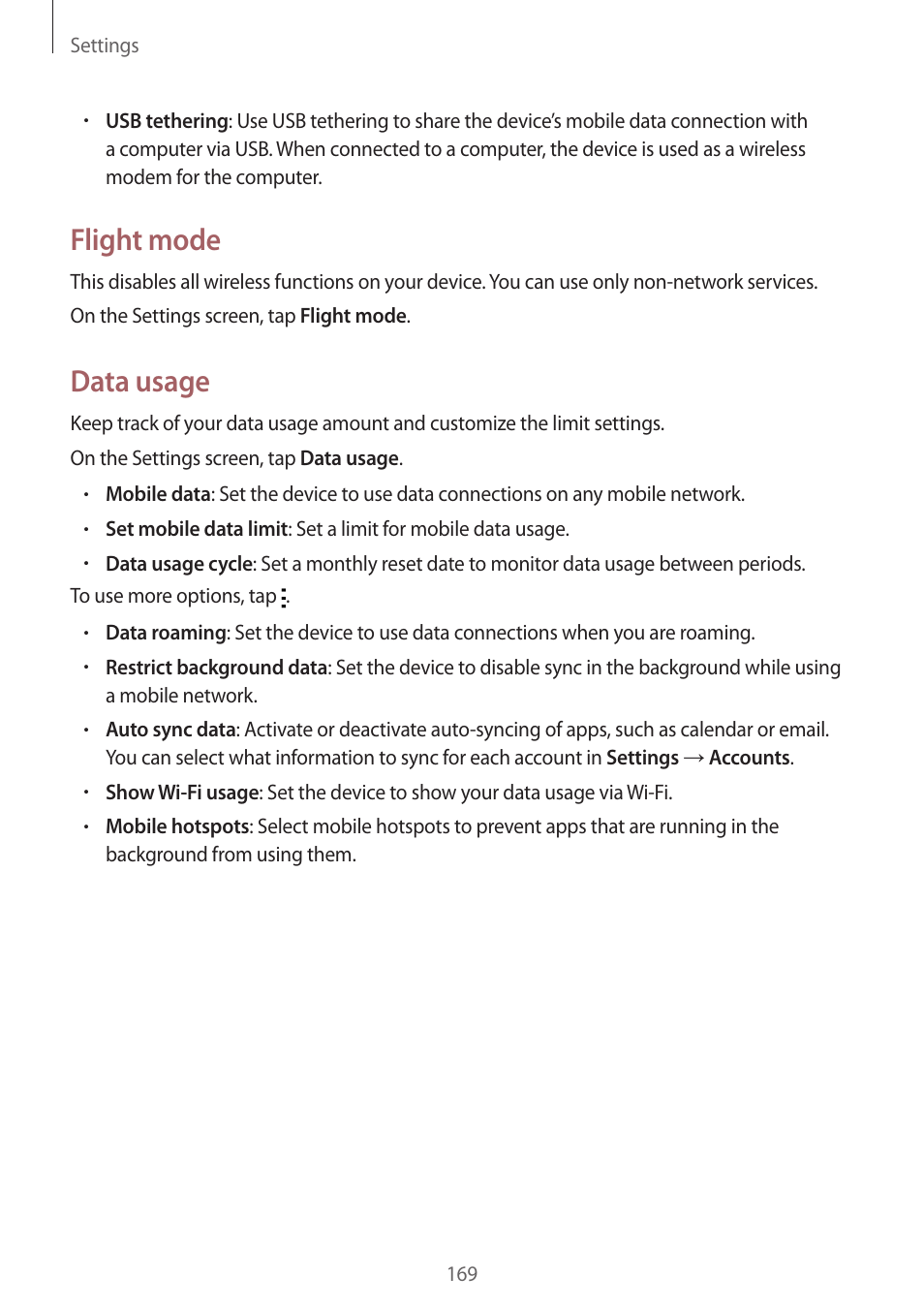 Flight mode, Data usage | Samsung Galaxy Alpha User Manual | Page 169 / 235