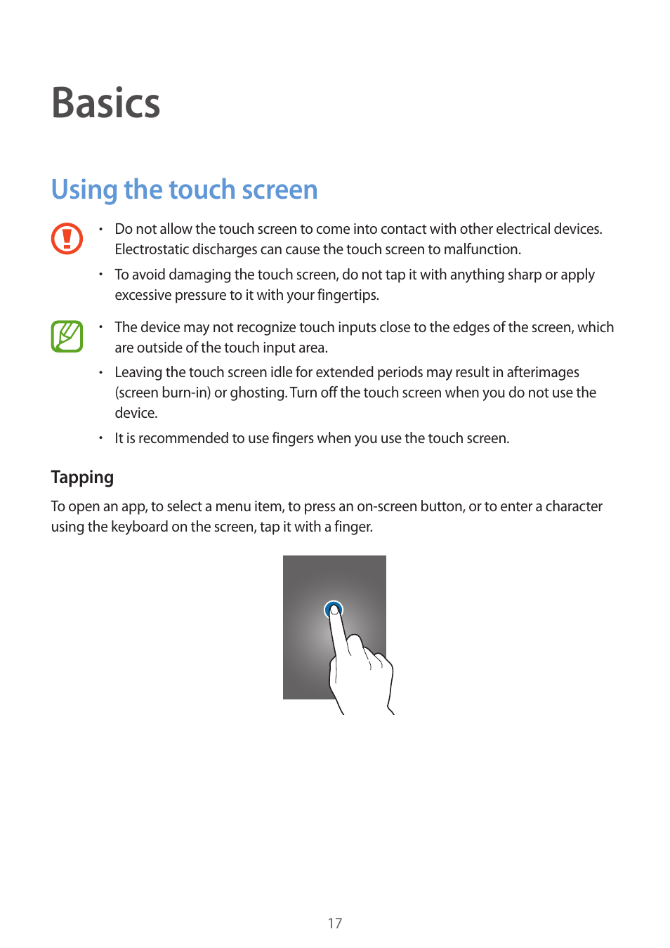 Basics, Using the touch screen, 17 using the touch screen | Samsung Galaxy Alpha User Manual | Page 17 / 235