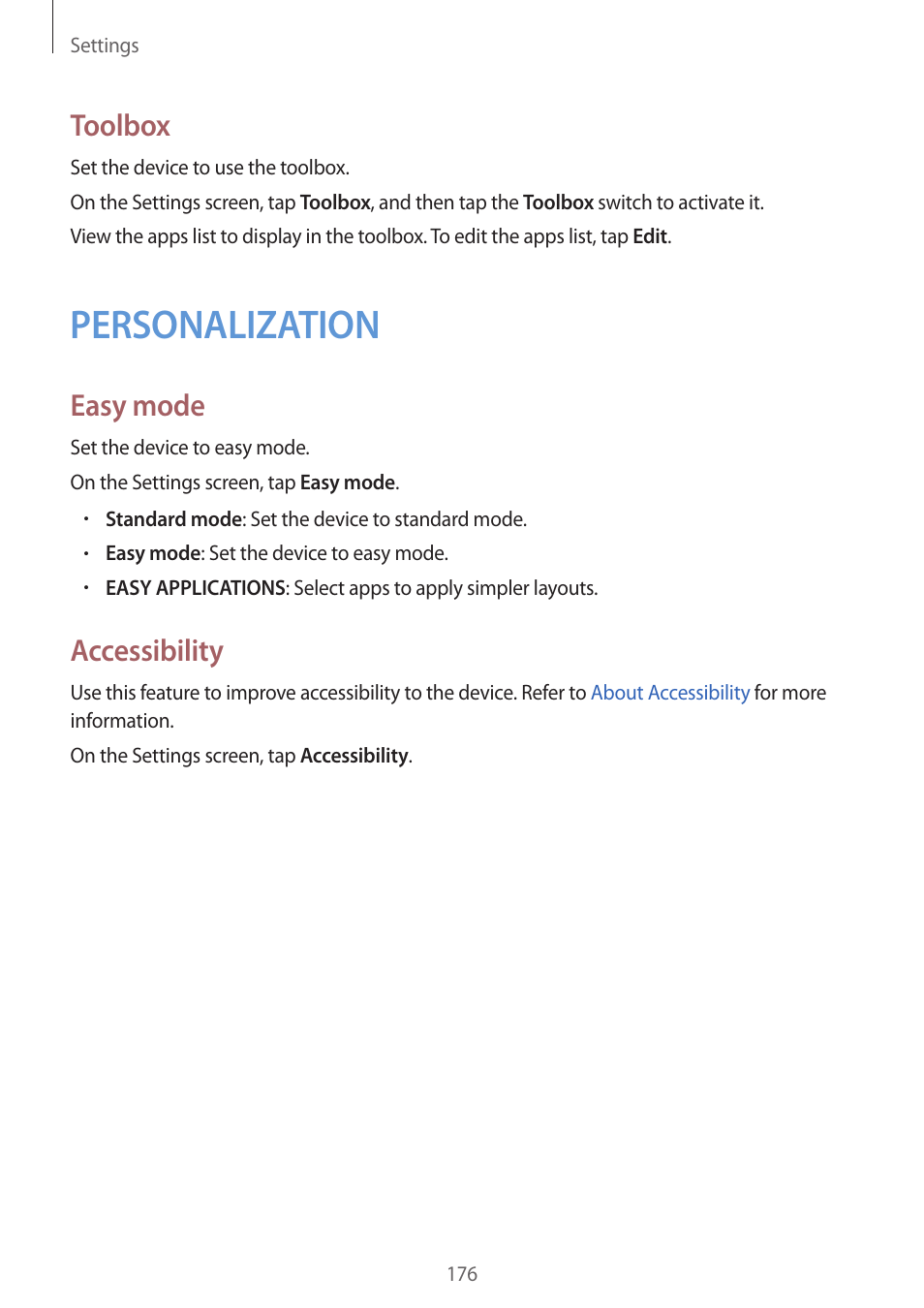 Personalization, 176 personalization, Toolbox | Easy mode, Accessibility | Samsung Galaxy Alpha User Manual | Page 176 / 235