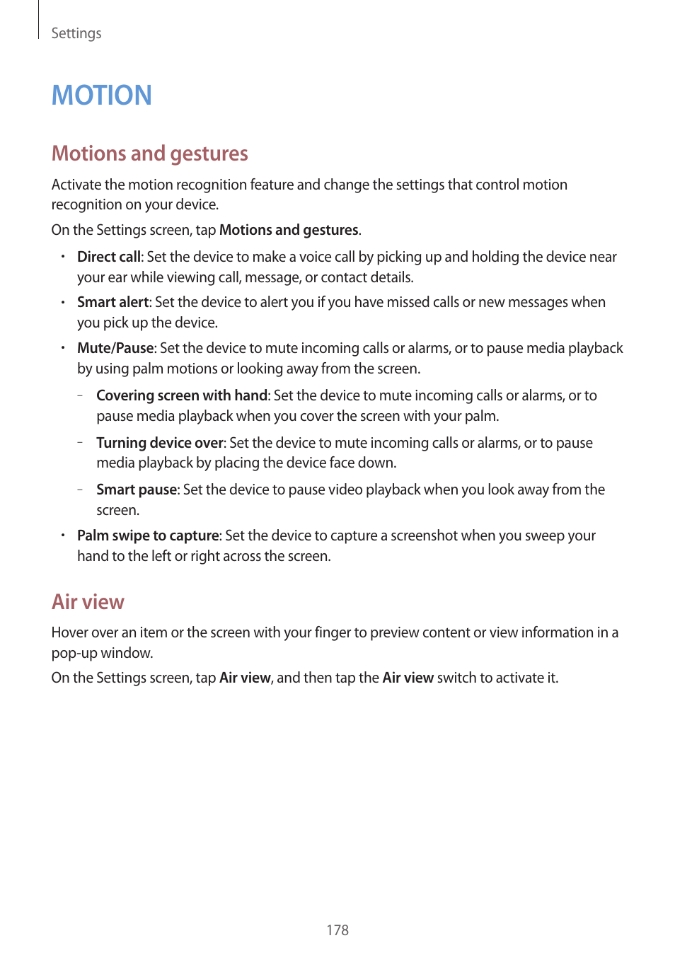 Motion, 178 motion, Motions and gestures | Air view | Samsung Galaxy Alpha User Manual | Page 178 / 235