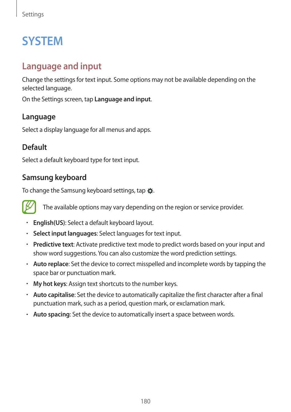 System, 180 system, Language and input | Samsung Galaxy Alpha User Manual | Page 180 / 235