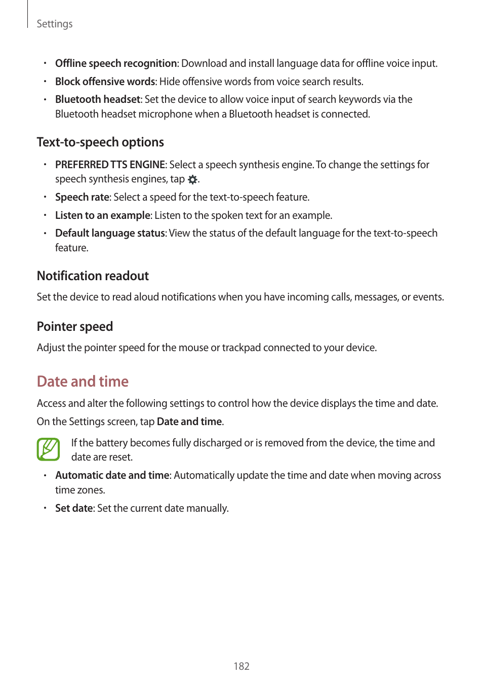 Date and time, Text-to-speech options, Notification readout | Pointer speed | Samsung Galaxy Alpha User Manual | Page 182 / 235