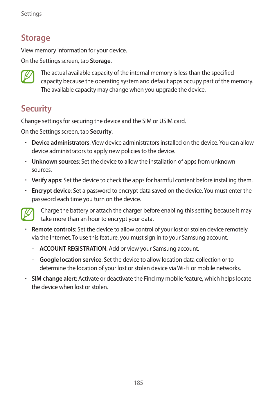 Storage, Security | Samsung Galaxy Alpha User Manual | Page 185 / 235