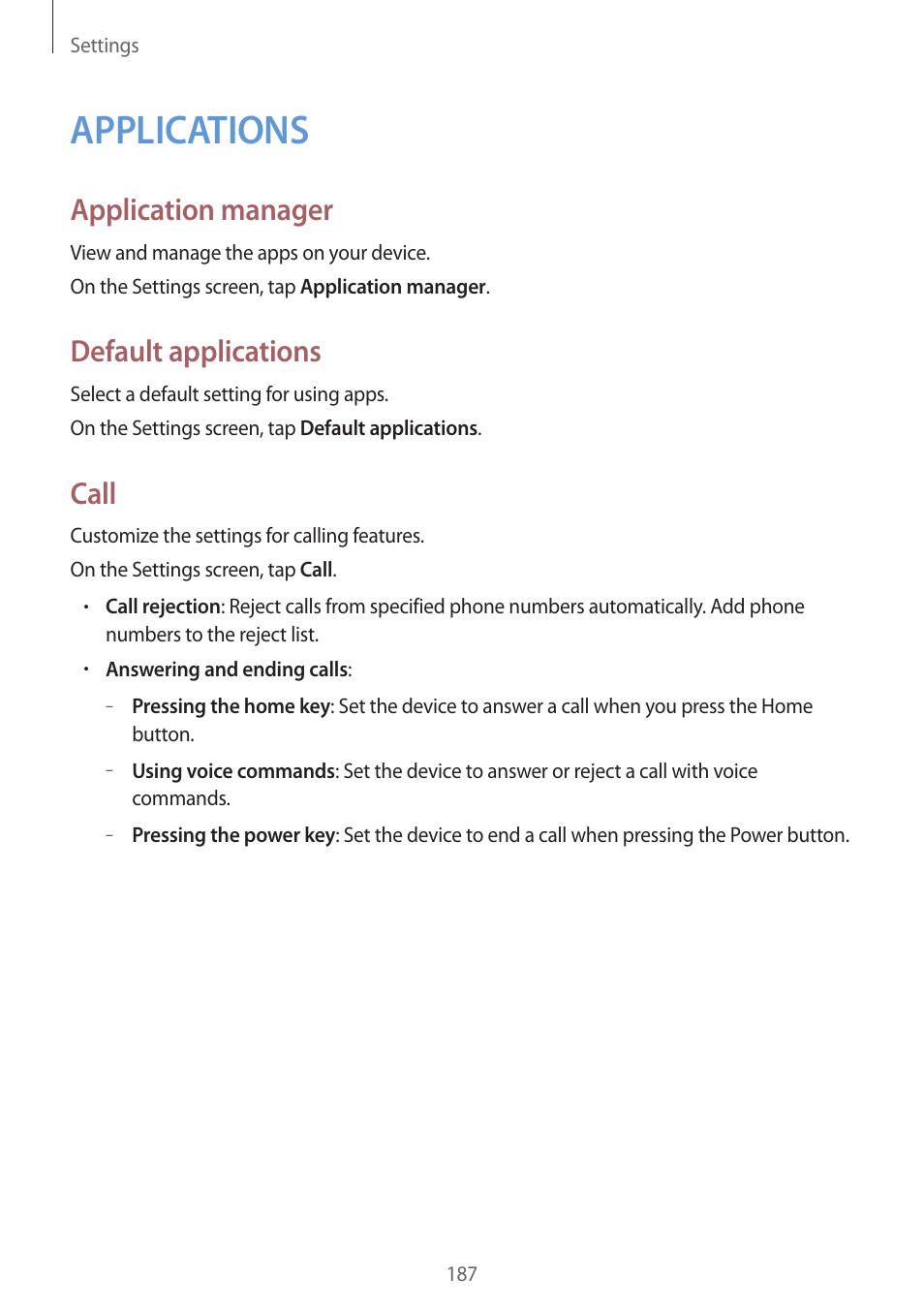 Applications, 187 applications, Application manager | Default applications, Call | Samsung Galaxy Alpha User Manual | Page 187 / 235