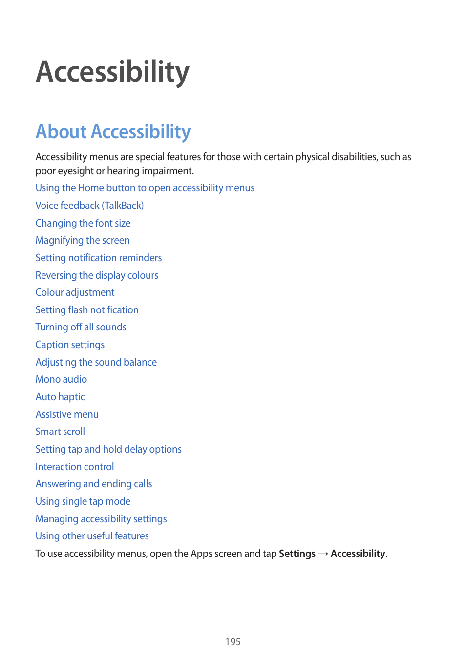 Accessibility, About accessibility, 195 about accessibility | Samsung Galaxy Alpha User Manual | Page 195 / 235