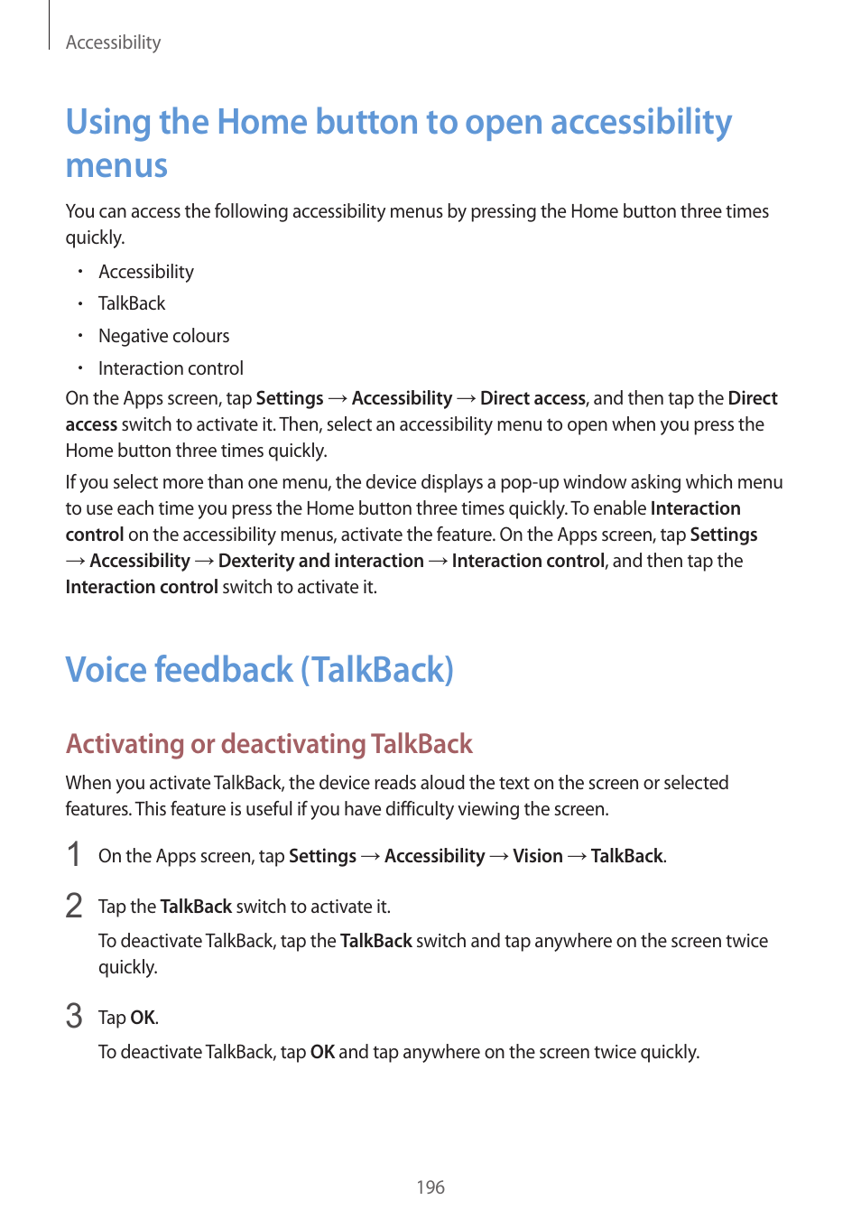 Using the home button to open accessibility menus, Voice feedback (talkback), 196 using the home button to open | Accessibility menus, 196 voice feedback (talkback), Activating or deactivating talkback | Samsung Galaxy Alpha User Manual | Page 196 / 235