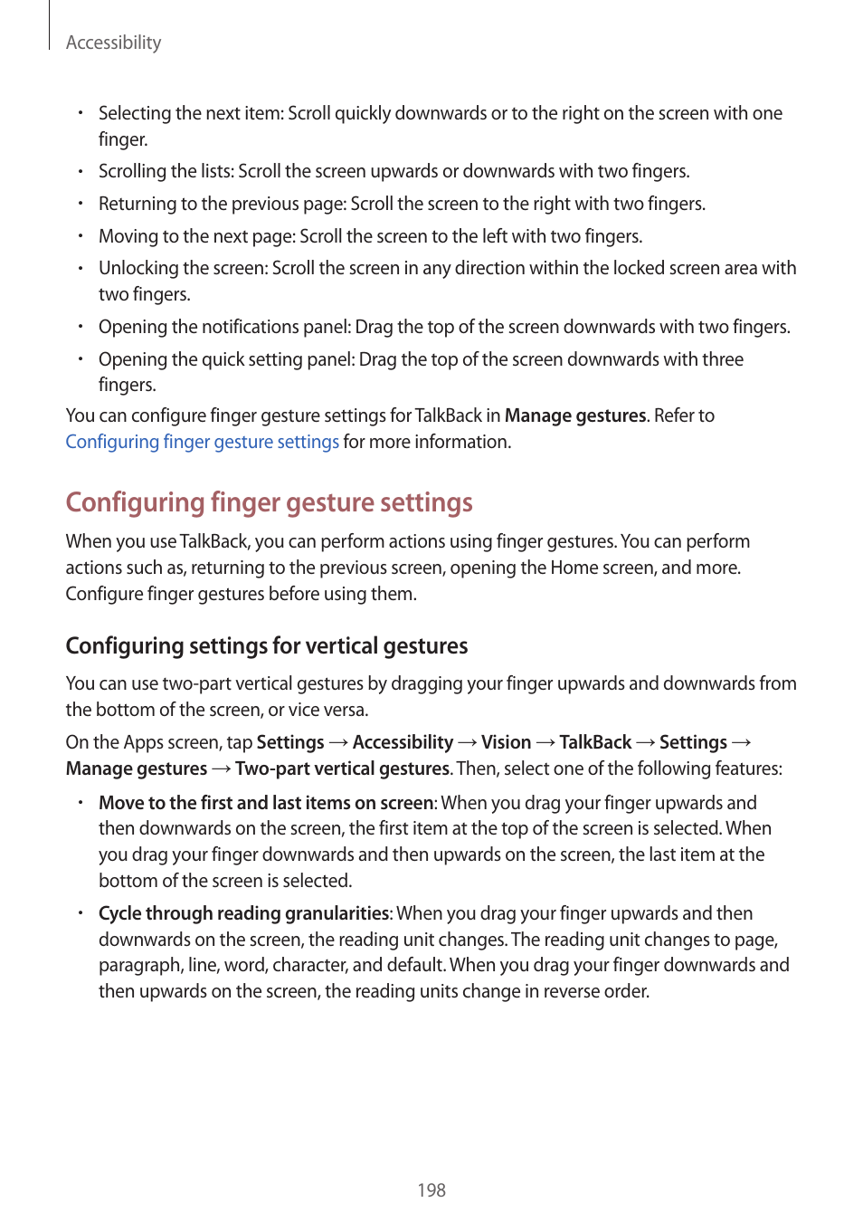 Configuring finger gesture settings, Configuring settings for vertical gestures | Samsung Galaxy Alpha User Manual | Page 198 / 235