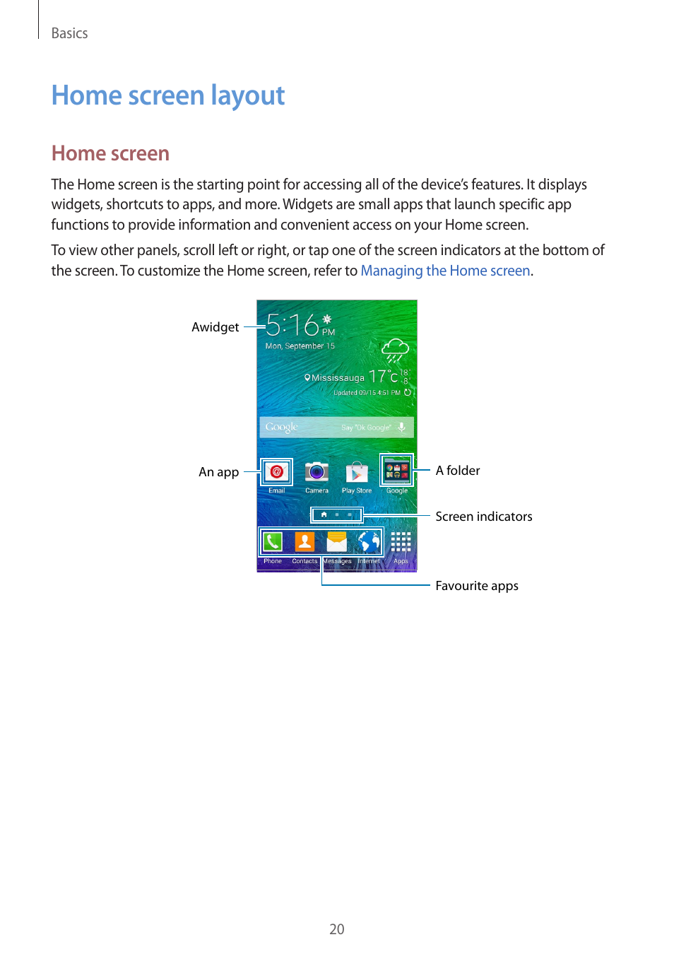 Home screen layout, 20 home screen layout, Home screen | Samsung Galaxy Alpha User Manual | Page 20 / 235