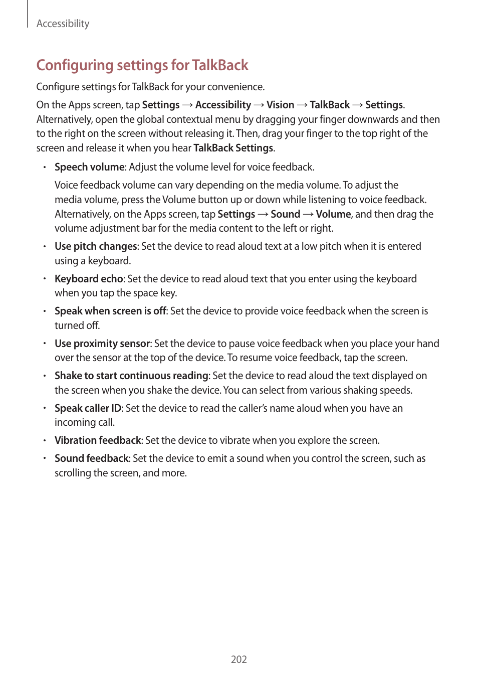 Configuring settings for talkback | Samsung Galaxy Alpha User Manual | Page 202 / 235