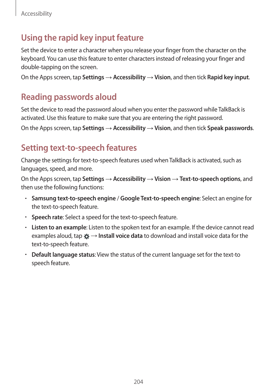 Using the rapid key input feature, Reading passwords aloud, Setting text-to-speech features | Samsung Galaxy Alpha User Manual | Page 204 / 235