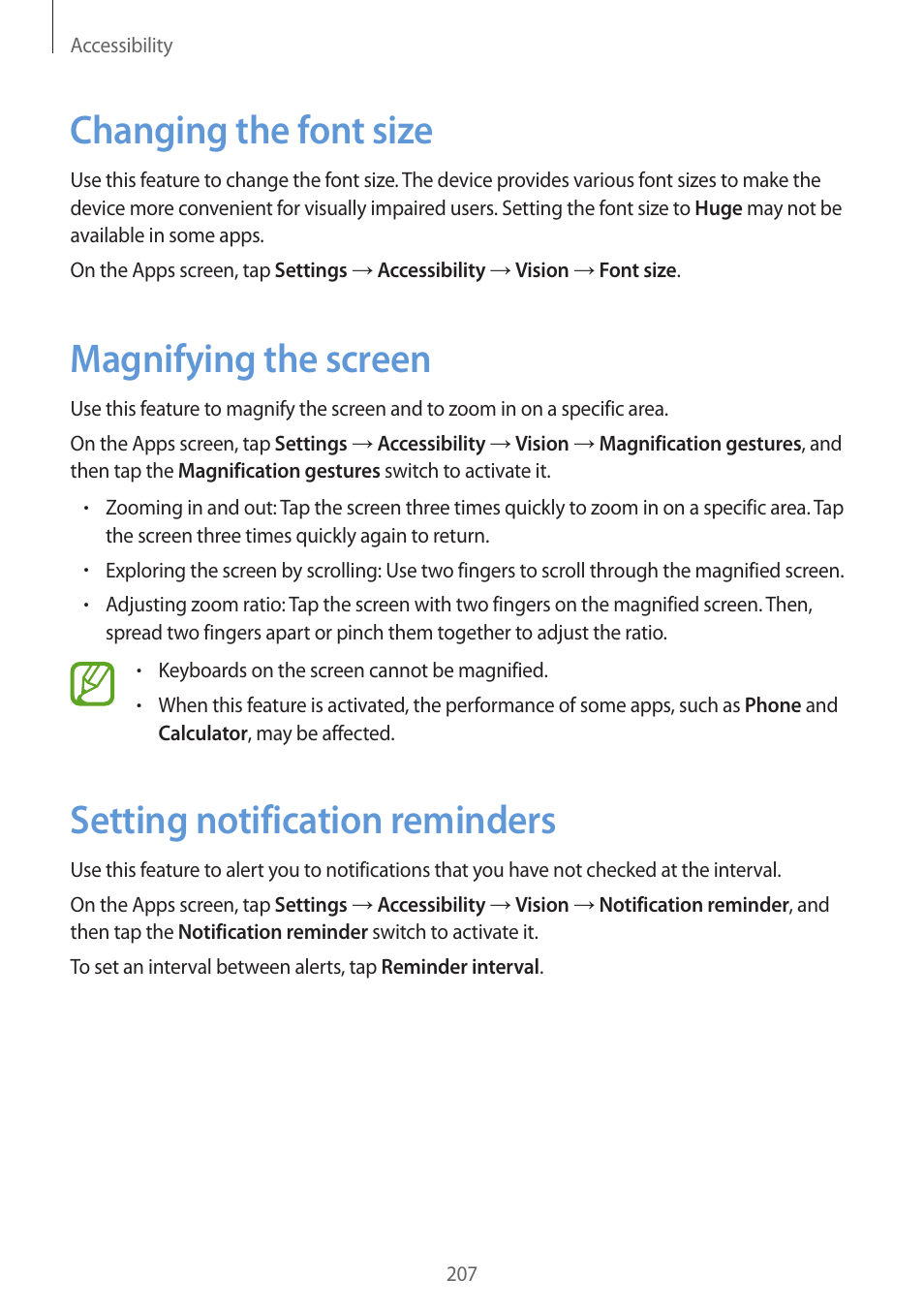 Changing the font size, Magnifying the screen, Setting notification reminders | Samsung Galaxy Alpha User Manual | Page 207 / 235