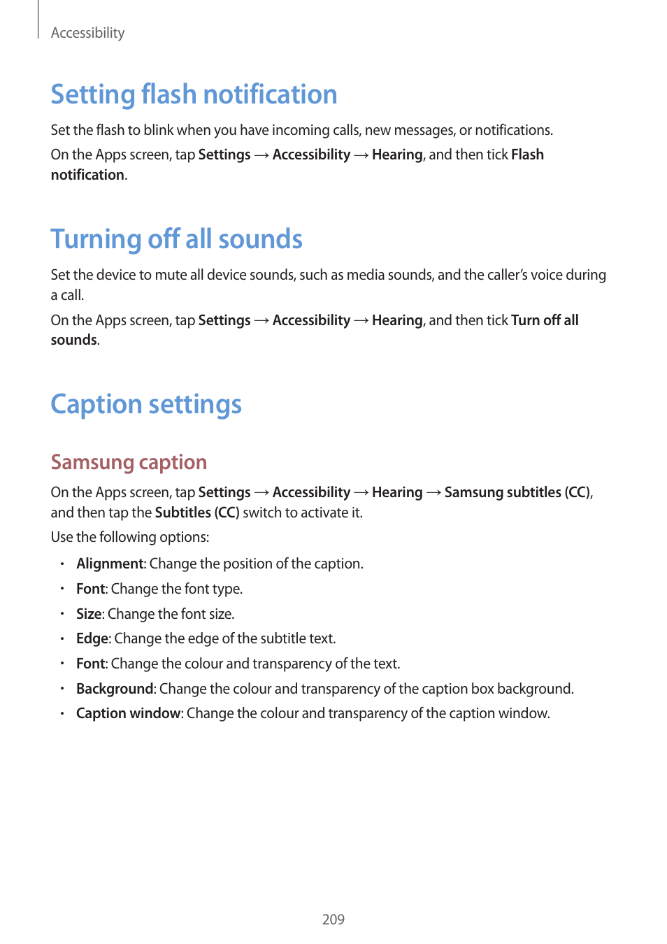 Setting flash notification, Turning off all sounds, Caption settings | Samsung caption | Samsung Galaxy Alpha User Manual | Page 209 / 235