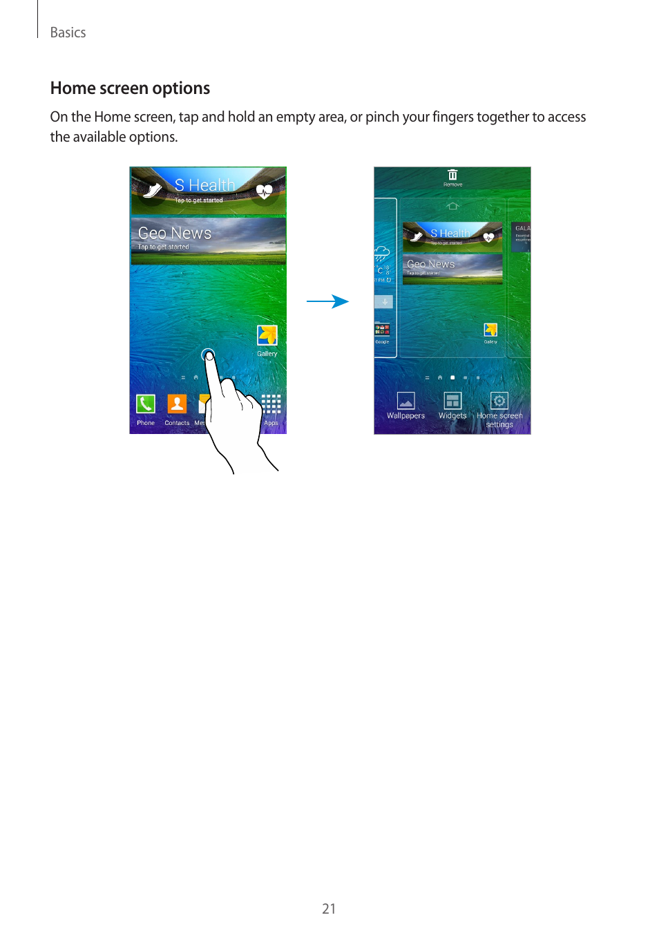 Home screen options | Samsung Galaxy Alpha User Manual | Page 21 / 235