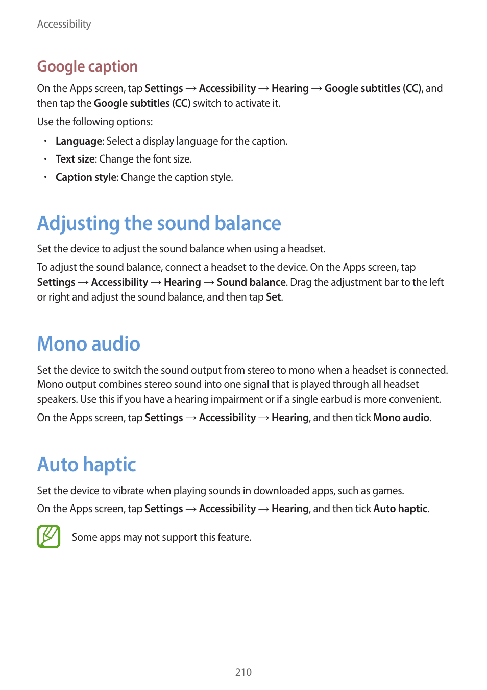 Adjusting the sound balance, Mono audio, Auto haptic | Adjusting the sound balance mono audio auto haptic, Google caption | Samsung Galaxy Alpha User Manual | Page 210 / 235