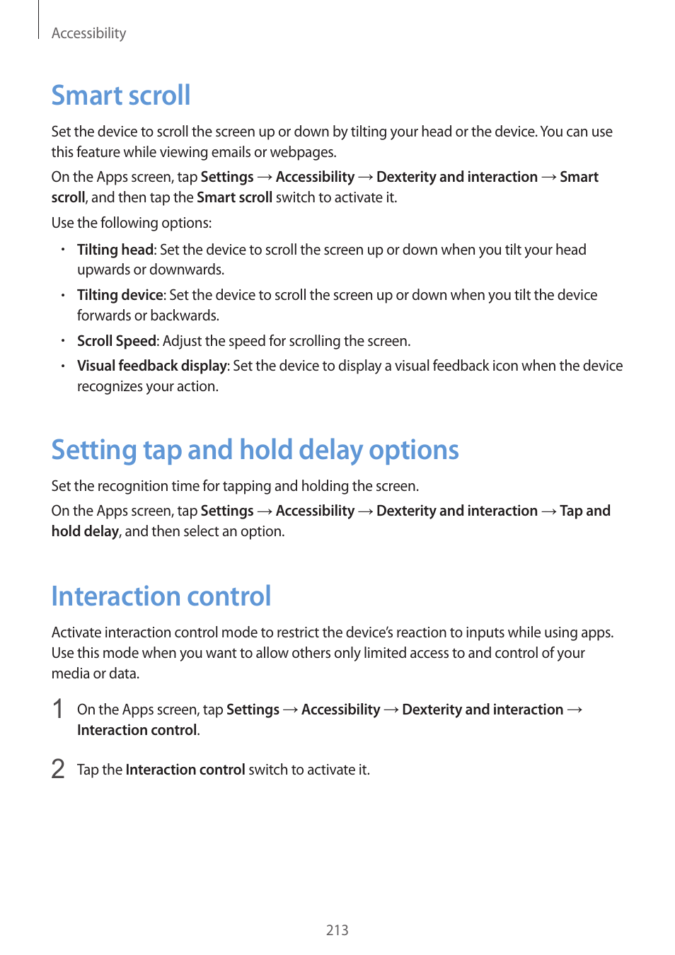 Smart scroll, Setting tap and hold delay options, Interaction control | Samsung Galaxy Alpha User Manual | Page 213 / 235