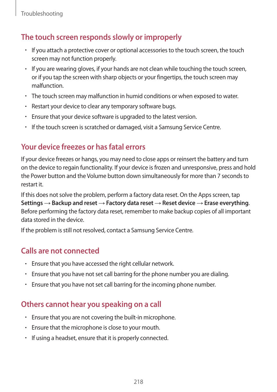 The touch screen responds slowly or improperly, Your device freezes or has fatal errors, Calls are not connected | Others cannot hear you speaking on a call | Samsung Galaxy Alpha User Manual | Page 218 / 235