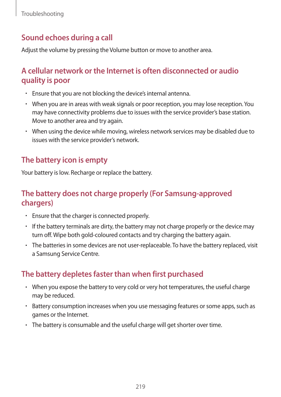 Sound echoes during a call, The battery icon is empty | Samsung Galaxy Alpha User Manual | Page 219 / 235