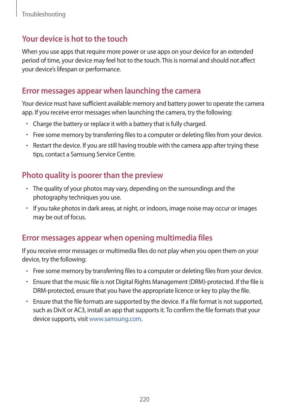 Your device is hot to the touch, Error messages appear when launching the camera, Photo quality is poorer than the preview | Samsung Galaxy Alpha User Manual | Page 220 / 235