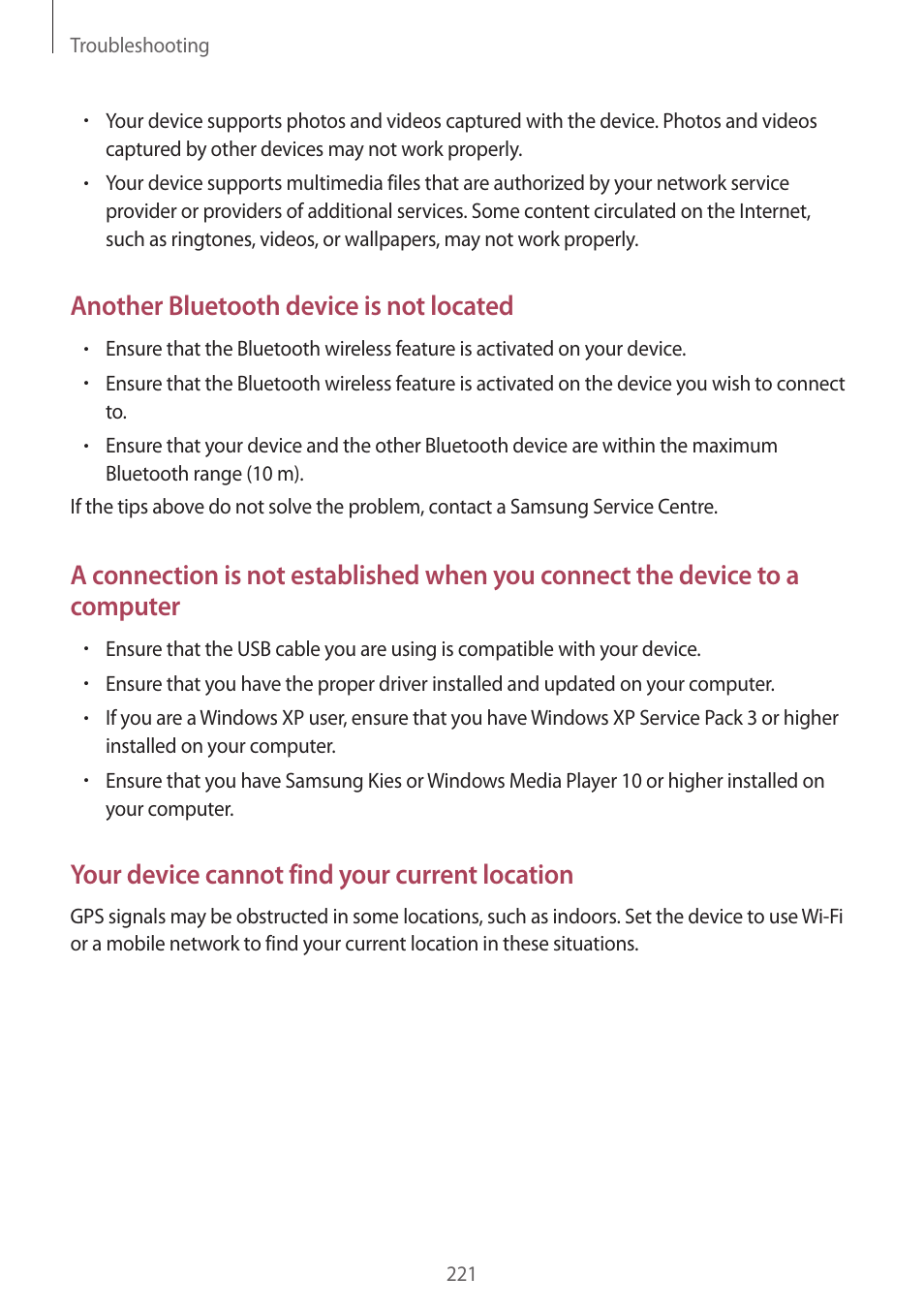 Another bluetooth device is not located, Your device cannot find your current location | Samsung Galaxy Alpha User Manual | Page 221 / 235