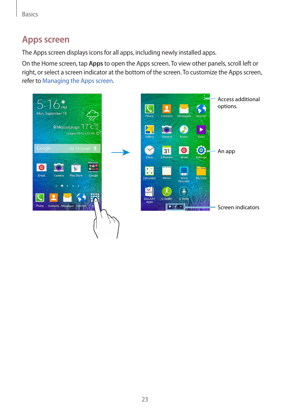 Apps screen | Samsung Galaxy Alpha User Manual | Page 23 / 235