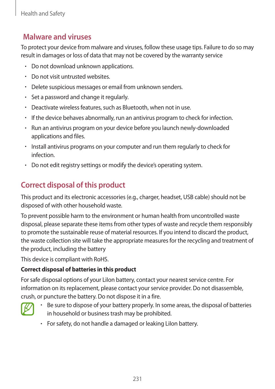 Malware and viruses, Correct disposal of this product | Samsung Galaxy Alpha User Manual | Page 231 / 235