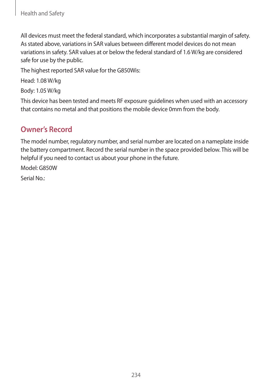 Owner’s record | Samsung Galaxy Alpha User Manual | Page 234 / 235