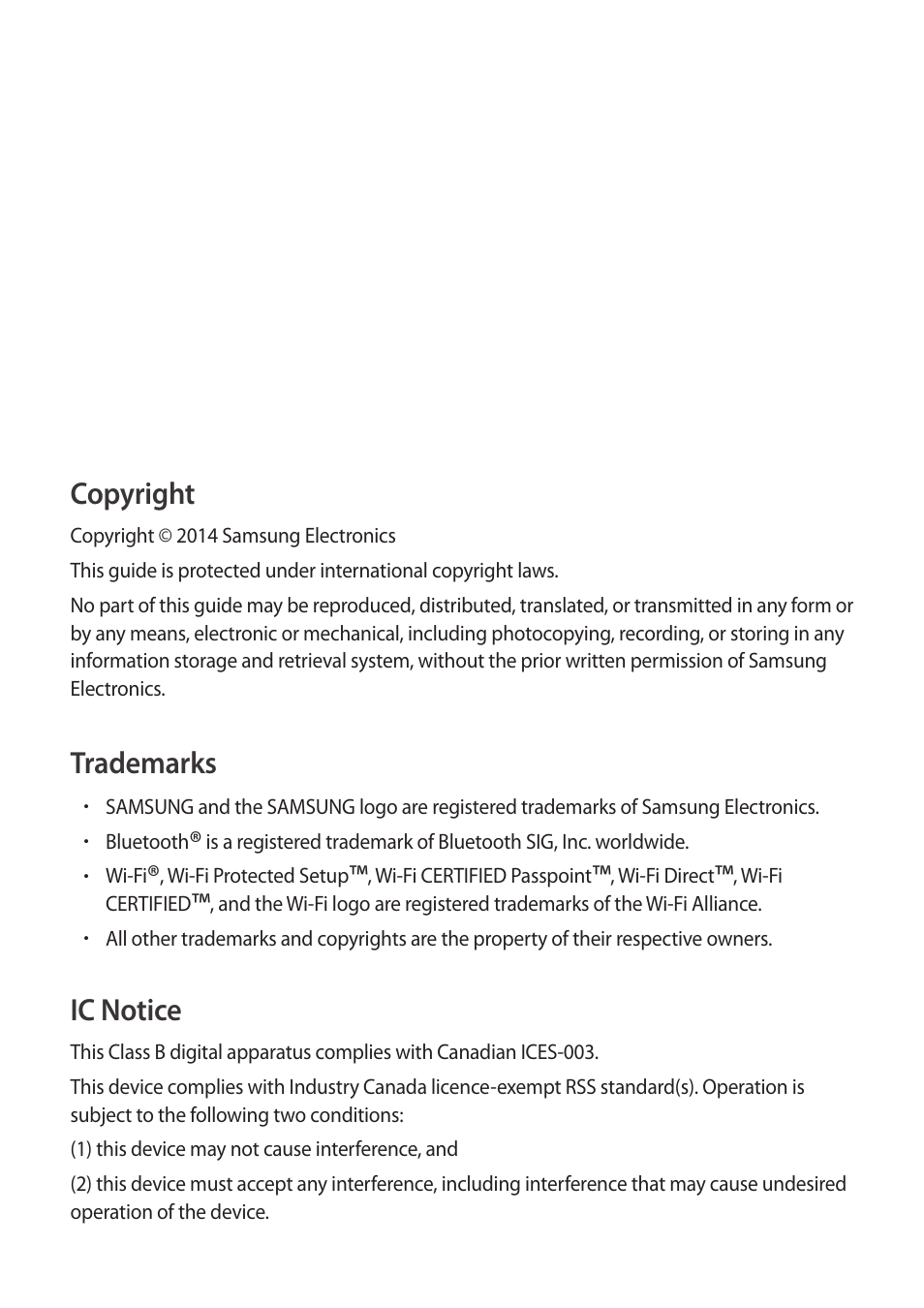 Copyright, Trademarks, Ic notice | Samsung Galaxy Alpha User Manual | Page 235 / 235