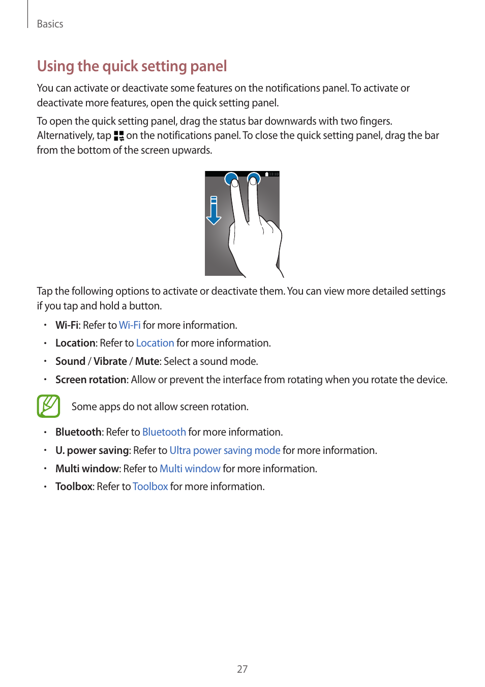 Using the quick setting panel | Samsung Galaxy Alpha User Manual | Page 27 / 235