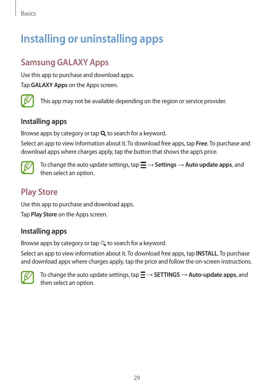 Installing or uninstalling apps, 29 installing or uninstalling apps, Samsung galaxy apps | Play store | Samsung Galaxy Alpha User Manual | Page 29 / 235