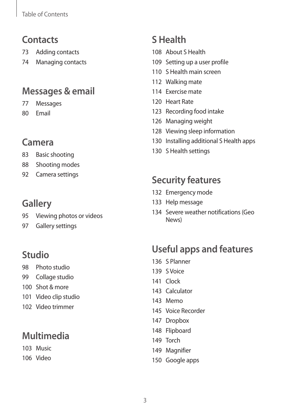 S health, Security features, Useful apps and features | Contacts, Messages & email, Camera, Gallery, Studio, Multimedia | Samsung Galaxy Alpha User Manual | Page 3 / 235