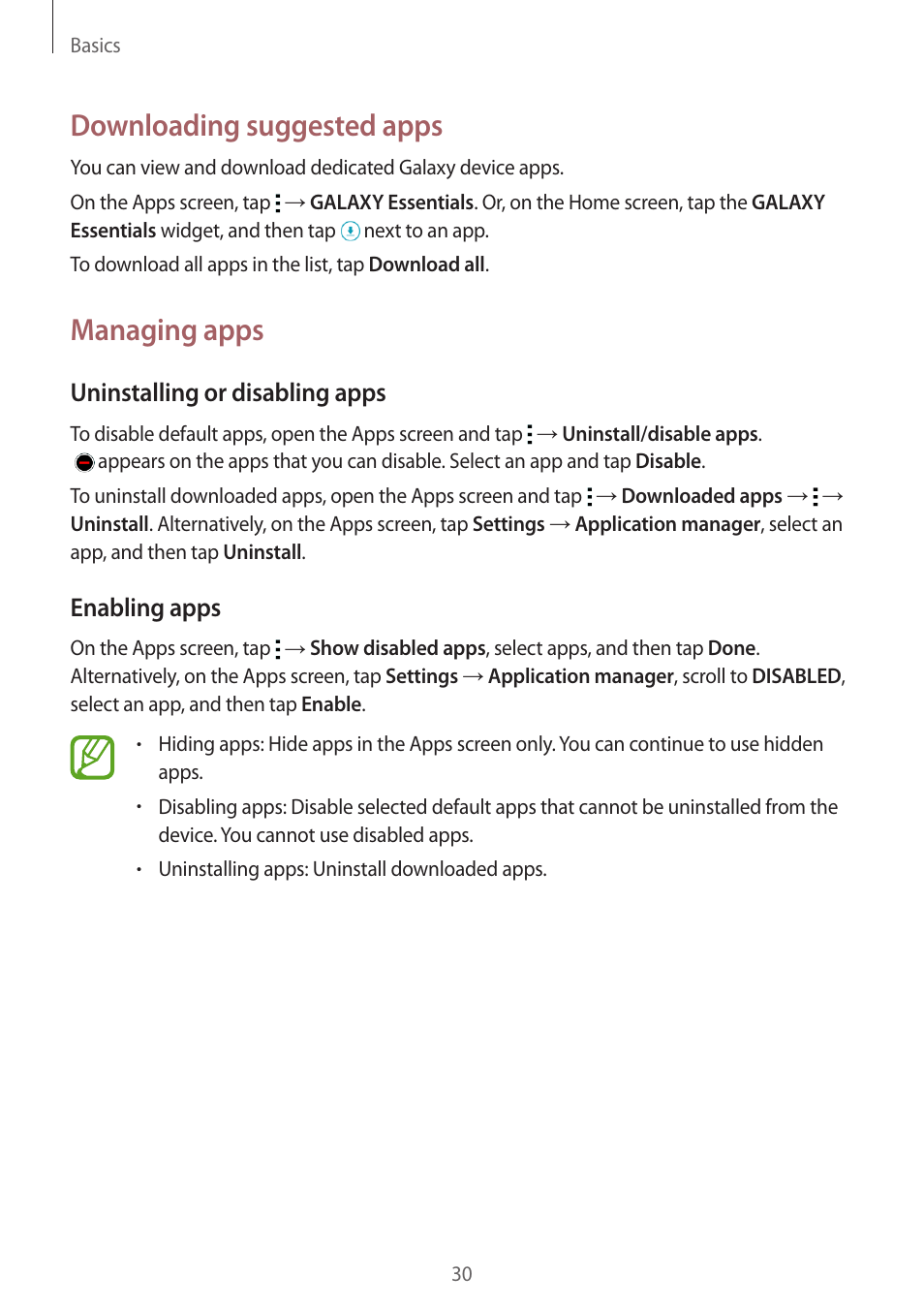 Downloading suggested apps, Managing apps, Uninstalling or disabling apps | Enabling apps | Samsung Galaxy Alpha User Manual | Page 30 / 235