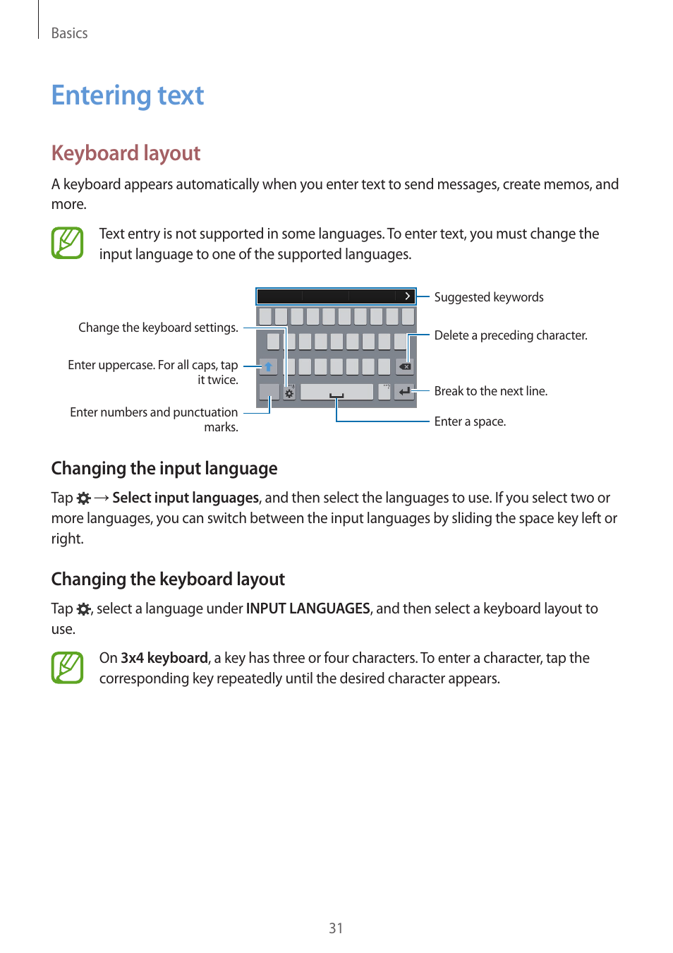 Entering text, 31 entering text, Keyboard layout | Changing the input language, Changing the keyboard layout | Samsung Galaxy Alpha User Manual | Page 31 / 235