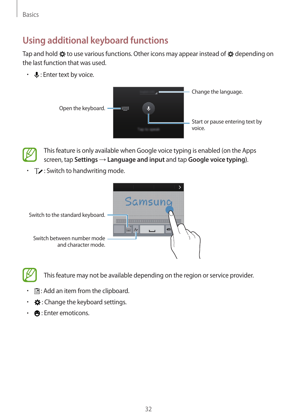 Using additional keyboard functions | Samsung Galaxy Alpha User Manual | Page 32 / 235