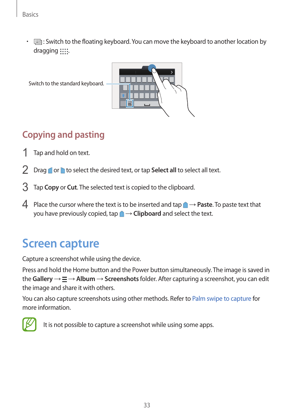 Screen capture, 33 screen capture, Copying and pasting | Samsung Galaxy Alpha User Manual | Page 33 / 235