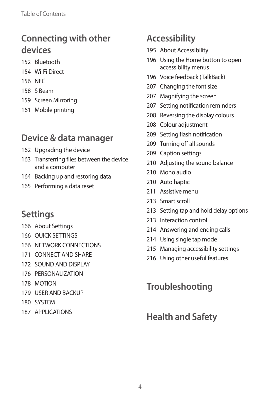 Accessibility, Device & data manager, Settings | Samsung Galaxy Alpha User Manual | Page 4 / 235