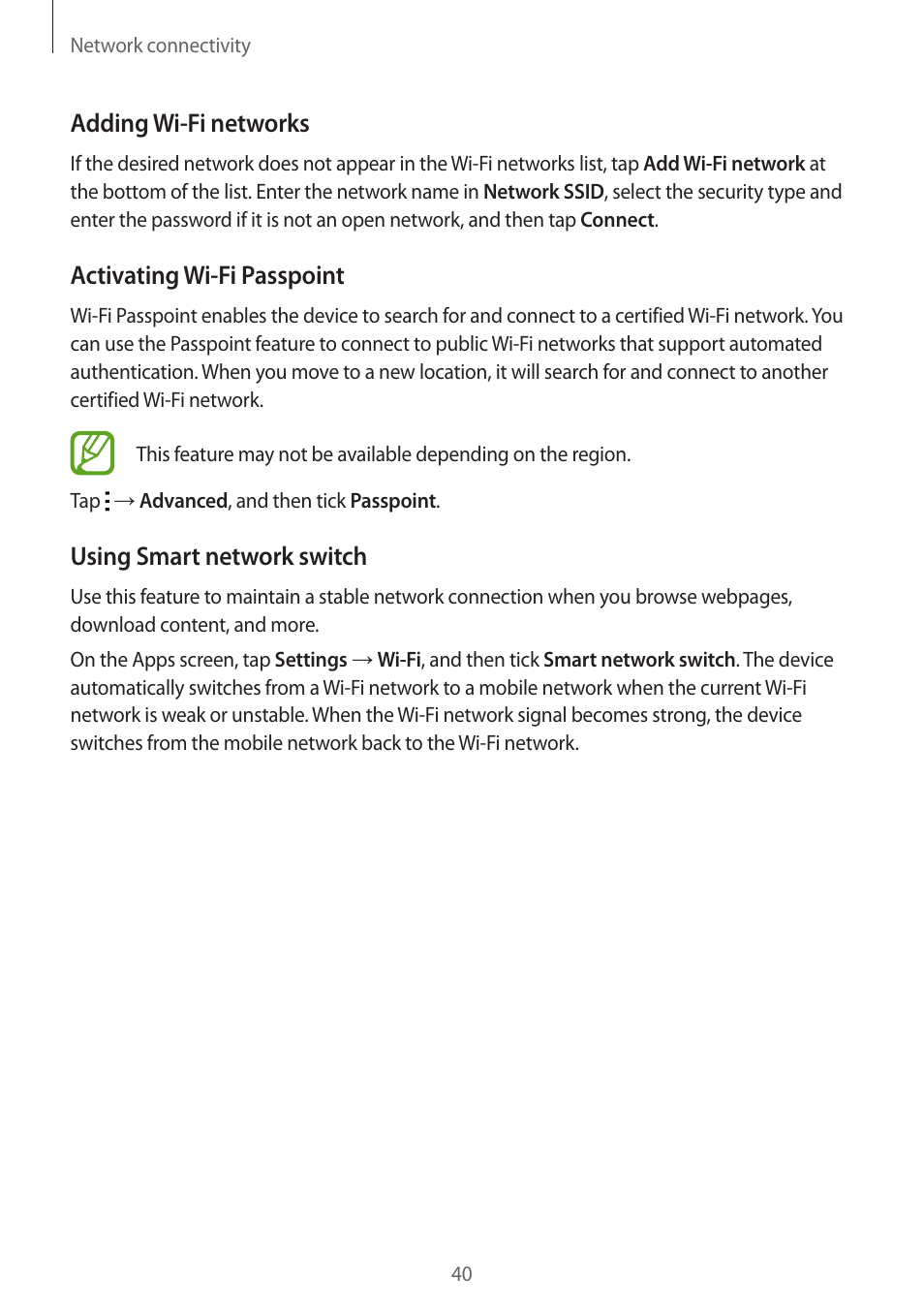 Adding wi-fi networks, Activating wi-fi passpoint, Using smart network switch | Samsung Galaxy Alpha User Manual | Page 40 / 235