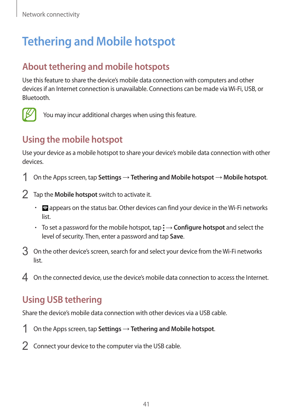 Tethering and mobile hotspot, 41 tethering and mobile hotspot, About tethering and mobile hotspots | Using the mobile hotspot, Using usb tethering | Samsung Galaxy Alpha User Manual | Page 41 / 235