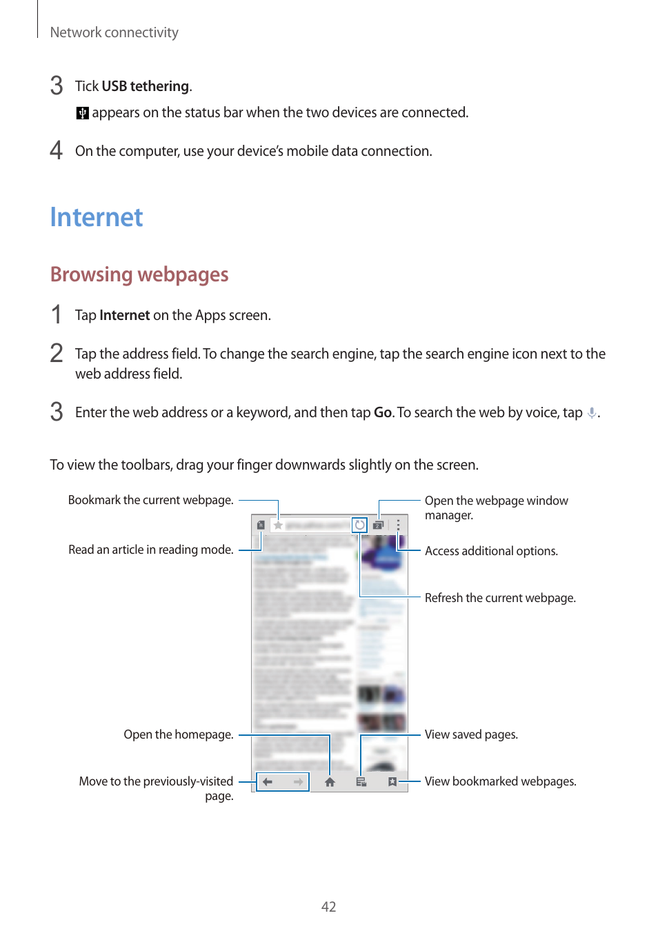 Internet, 42 internet, Browsing webpages | Samsung Galaxy Alpha User Manual | Page 42 / 235