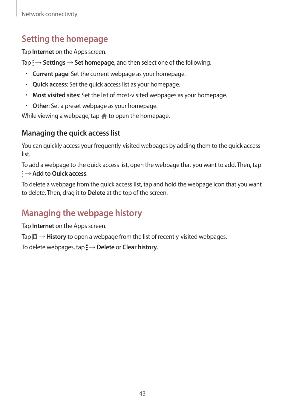 Setting the homepage, Managing the webpage history, Managing the quick access list | Samsung Galaxy Alpha User Manual | Page 43 / 235