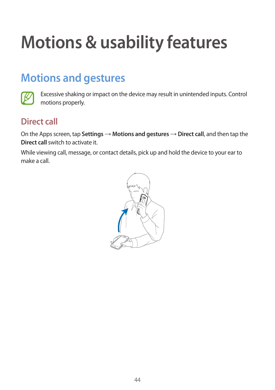 Motions & usability features, Motions and gestures, 44 motions and gestures | Samsung Galaxy Alpha User Manual | Page 44 / 235