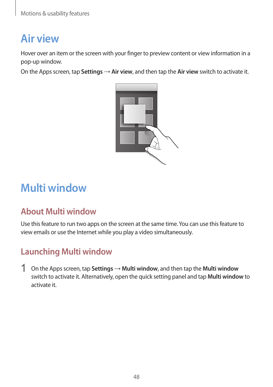 Air view, Multi window, 48 air view 48 multi window | About multi window, Launching multi window | Samsung Galaxy Alpha User Manual | Page 48 / 235