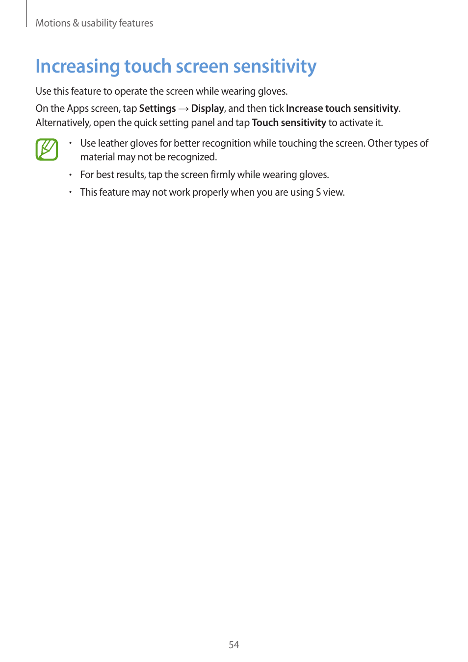 Increasing touch screen sensitivity, 54 increasing touch screen sensitivity | Samsung Galaxy Alpha User Manual | Page 54 / 235