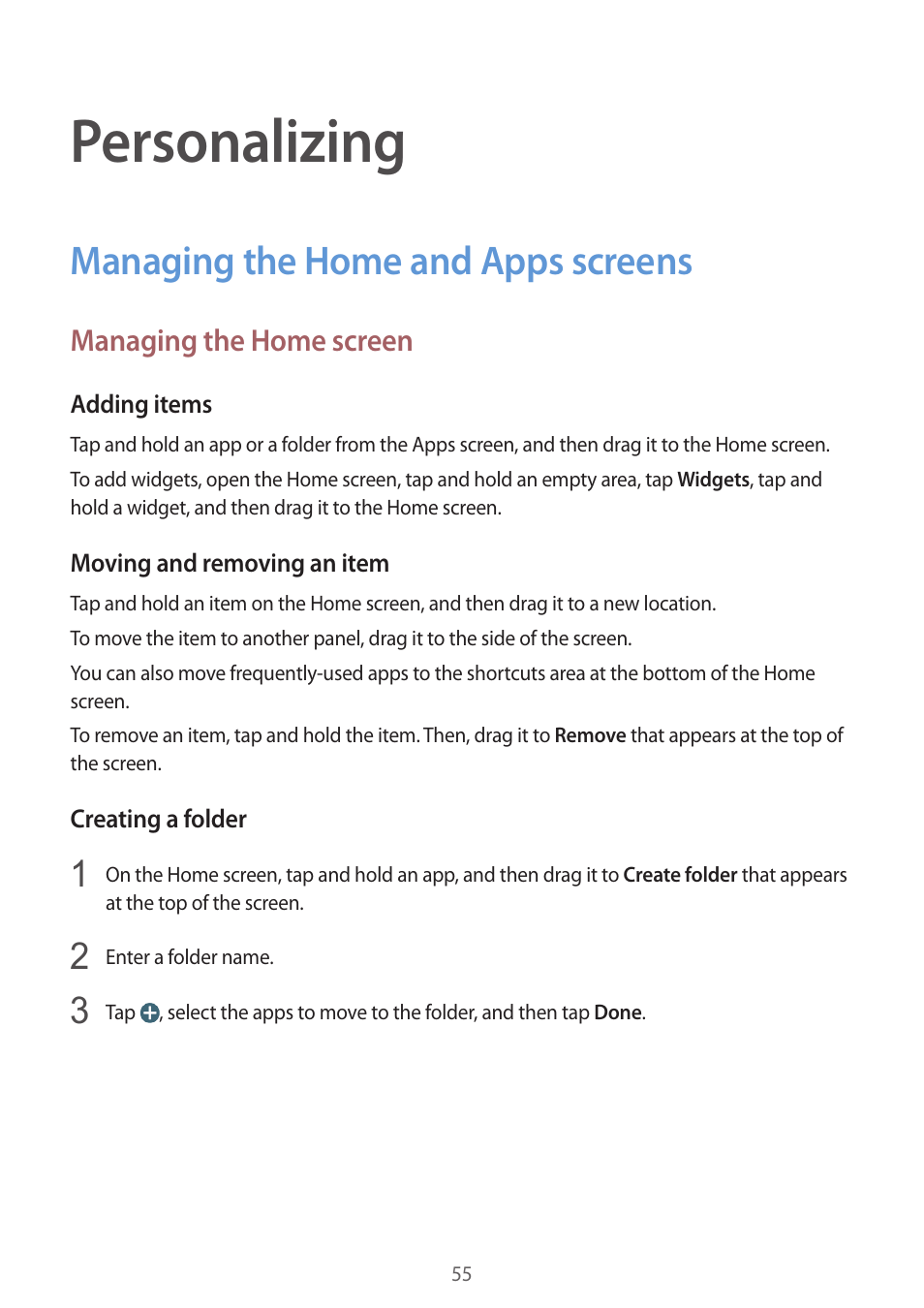 Personalizing, Managing the home and apps screens, 55 managing the home and apps screens | Samsung Galaxy Alpha User Manual | Page 55 / 235