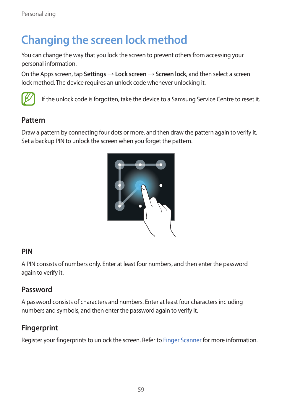 Changing the screen lock method, 59 changing the screen lock method, Changing the screen lock | Method | Samsung Galaxy Alpha User Manual | Page 59 / 235