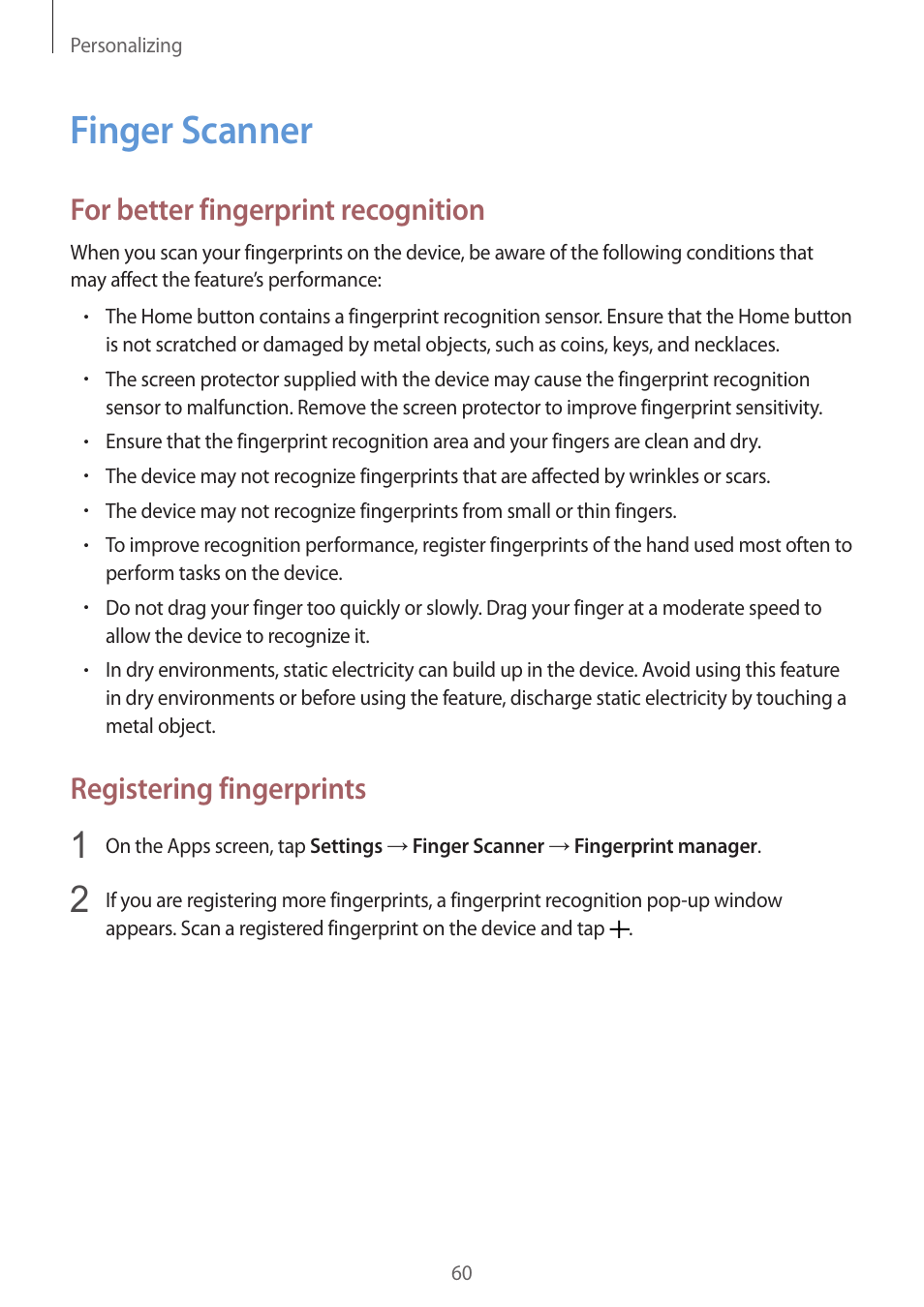 Finger scanner, 60 finger scanner, For better fingerprint recognition | Registering fingerprints | Samsung Galaxy Alpha User Manual | Page 60 / 235