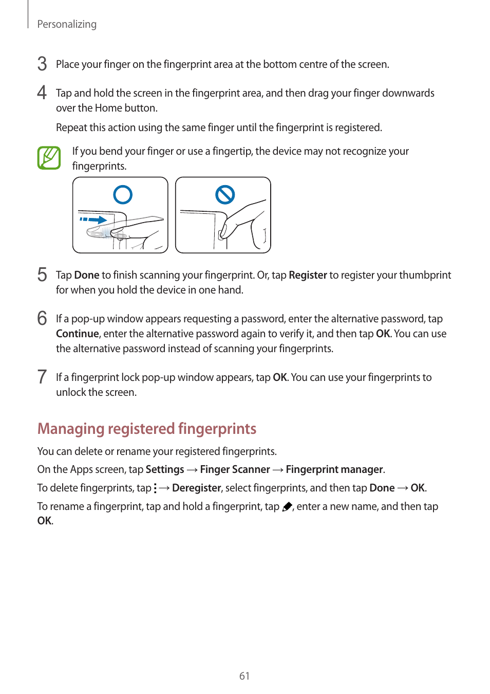Managing registered fingerprints | Samsung Galaxy Alpha User Manual | Page 61 / 235