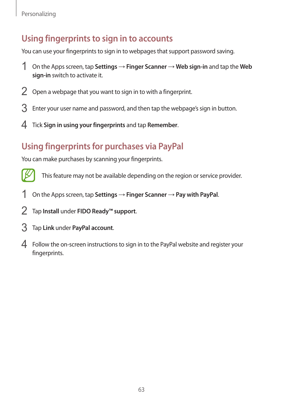 Using fingerprints to sign in to accounts, Using fingerprints for purchases via paypal | Samsung Galaxy Alpha User Manual | Page 63 / 235